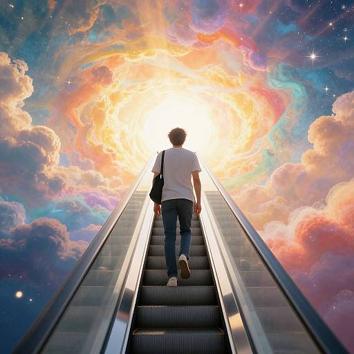 Photograph of a person in white shirt and blue jeans, walking up an escalator towards a vibrant, cosmic sky with colorful clouds and stars.
