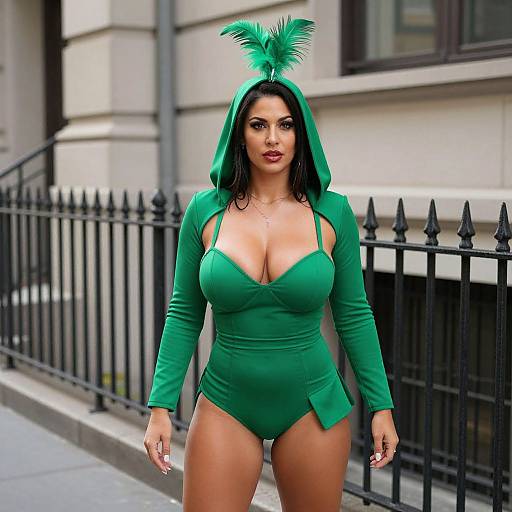 Photograph of a curvy woman with olive skin and black hair wearing a green, hooded bodysuit with feathers, standing on a city street