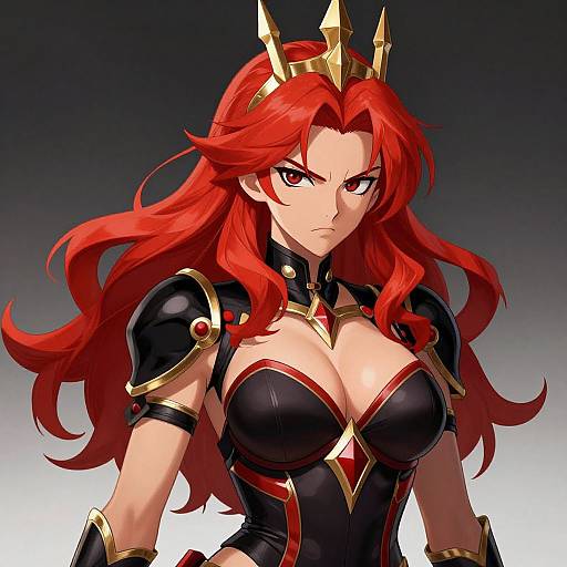 Digital anime-style artwork of a red-haired, stern-faced woman with a gold crown, wearing a black and gold armored outfit with prominent cleavage, against