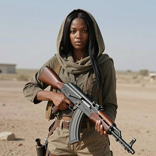 Woman Holding AK-47 Rifle in Desert