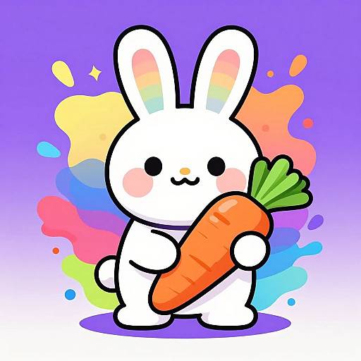 Cute digital drawing of a white bunny holding a large orange carrot with green leaves, set against a vibrant purple and rainbow background.