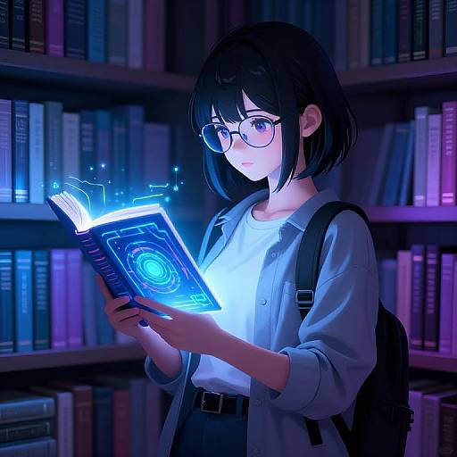 Anime-style digital illustration of a bespectacled girl with black bob hair, wearing a blue shirt and backpack, reading a glowing blue book in a