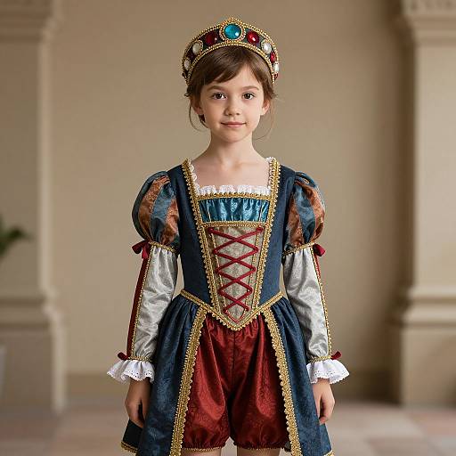 Young girl in detailed Renaissance-style dress with blue, red, and gold embroidery, white lace cuffs, and a matching crown, standing in a classical,