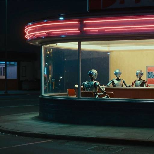Nighttime photograph of a neon-lit café window with three humanoid robots sitting at a table, illuminated by bright red neon lights. Urban street scene in