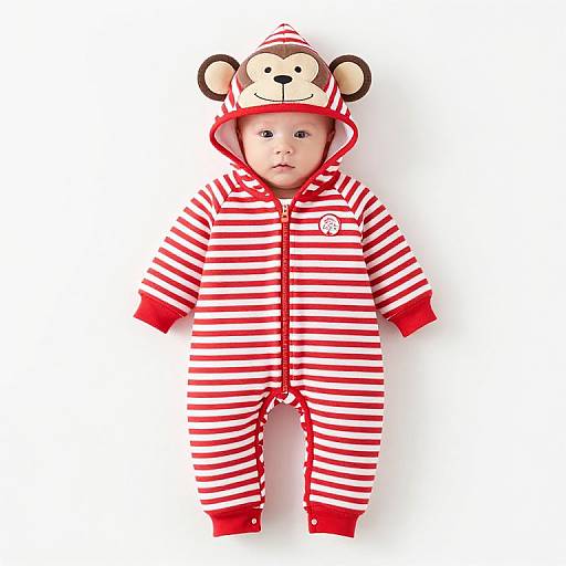 Photograph of a baby in a red and white striped onesie with a monkey hood, standing against a white background.