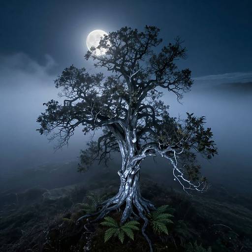 Ethereal Moonlit Tree in Foggy Valley