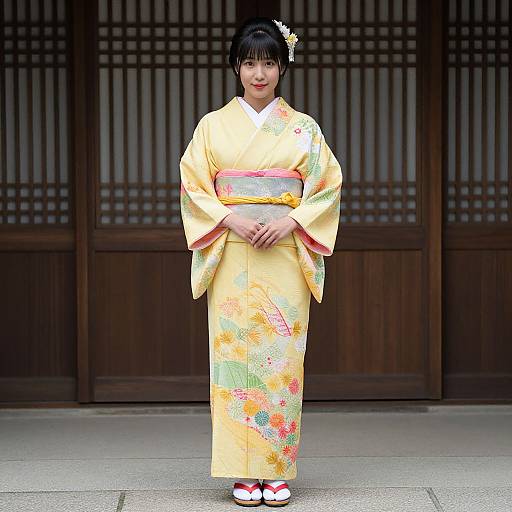 Photograph of a Japanese woman in a yellow floral kimono, standing against a traditional wooden lattice backdrop, wearing white geta.