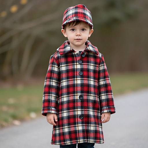 Photograph of a young boy with fair skin and dark hair, wearing a red, black, and white plaid coat and matching cap, standing on