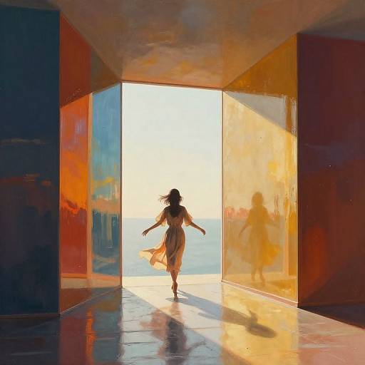 Digital painting of a silhouetted woman in a flowing dress, running through a sunlit, colorful, geometric doorway, casting reflections on glossy walls