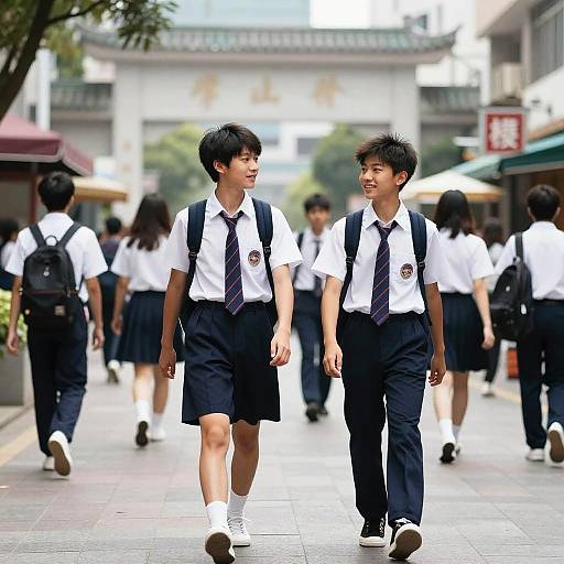 Photograph of two Asian teenage boys in white shirts, navy ties, and black shorts, walking and smiling in a bustling school hallway. Other students in