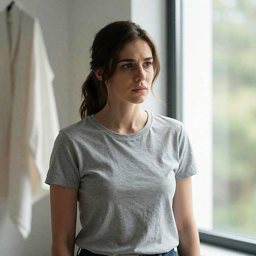Concerned Woman Standing by Window