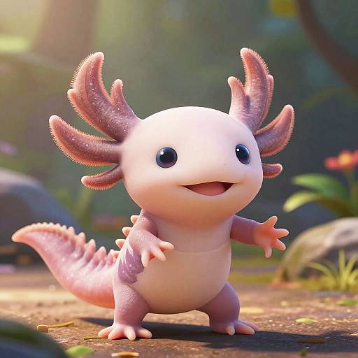 Adorable digital CGI dragon-like creature with pink and white scales, large black eyes, and fin-like ears, standing on a forest floor.