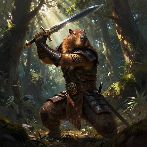 Digital fantasy artwork: Anthropomorphic bear warrior with fur, black tribal tattoos, and armor, holding a sword in a sunlit forest.