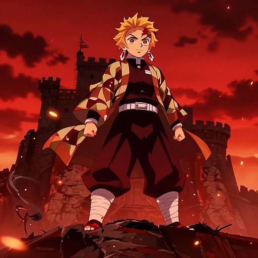 Blonde Demon Slayers Atop Ruined Castle