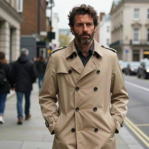 Photograph of a rugged, bearded man with curly dark hair wearing a beige double-breasted trench coat, standing on a busy urban street with blurred