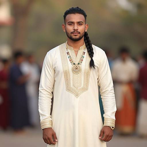 Photograph of a young South Asian man with a medium skin tone, black braided hair, beard, wearing a white embroidered traditional kurta, standing