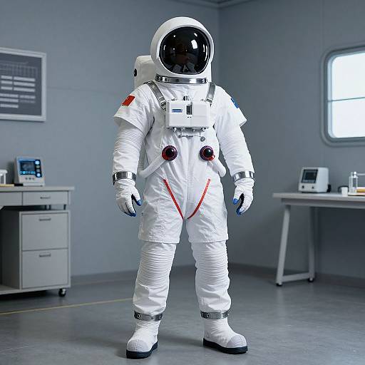 Photograph of a realistic astronaut in a white spacesuit with a black visor, standing in a gray, modern control room.