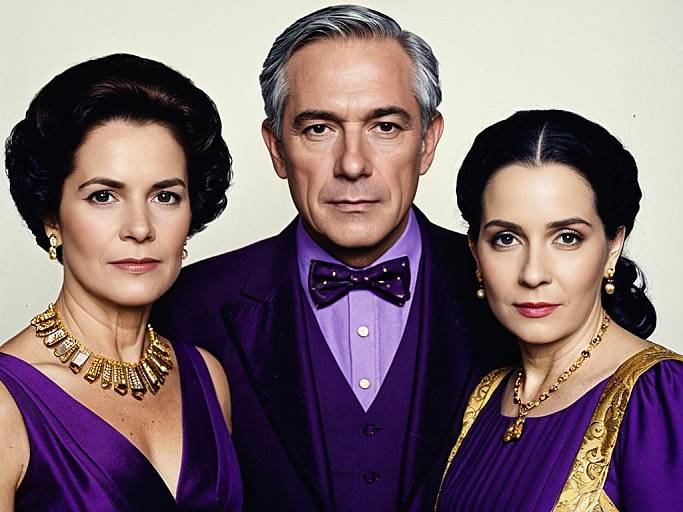 Photograph-style digital artwork of a middle-aged man in a black suit and bow tie, flanked by two women in purple, gold-accented