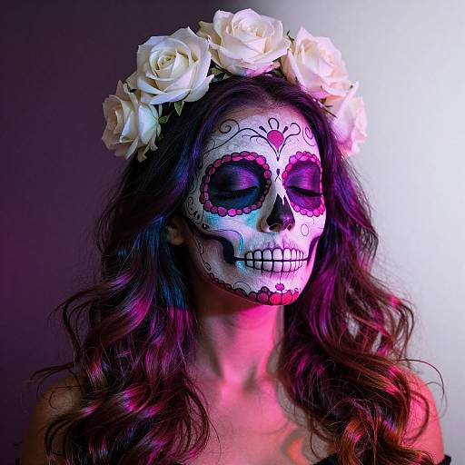 Photograph of a woman with long, wavy brown hair, white flower crown, and Day of the Dead face paint, illuminated by pink and white