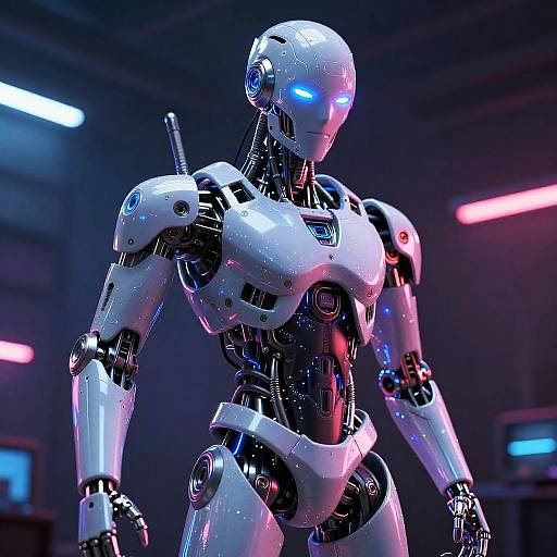 Photorealistic CGI of a glowing blue-eyed, white-and-black humanoid robot with sleek, metallic joints and limbs, standing in a futuristic, neon-l