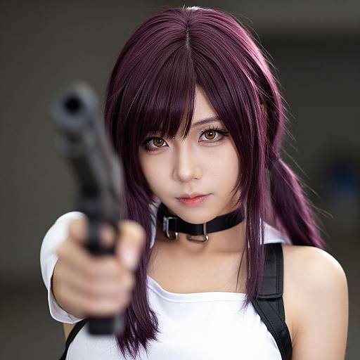 Digital photograph of an Asian woman with purple hair, brown eyes, wearing a white top and black collar, pointing a gun directly at the camera. Bl