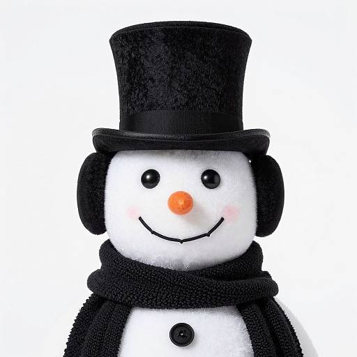 Photograph of a cheerful snowman with a black top hat, black earmuffs, black scarf, orange carrot nose, black buttons, and a smiling