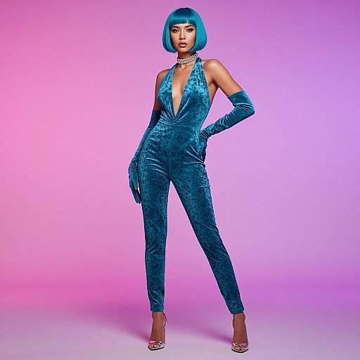 Photograph of a confident woman in a blue velvet jumpsuit, matching gloves, and high heels, with a blue bob haircut, against a pink-purple