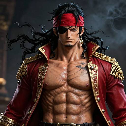 Digital art of a muscular, shirtless pirate with long black hair, red headband, eyepatch, gold epaulettes, and red