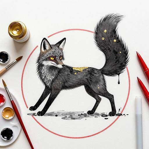 Artistic Black Fox with Dripping Tail