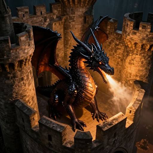 Photorealistic CGI: A fierce, black dragon with glowing orange scales and fiery breath, leaping from a burning medieval stone castle turret.