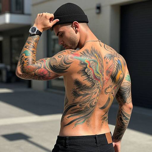 Photograph of a muscular, tattooed man with a black beanie, tattoos covering his back and arms, adjusting his cap, wearing black pants,
