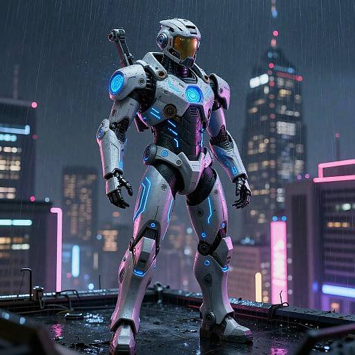 Cybernetic soldier in white armor with blue neon accents stands on rainy rooftop, illuminated cityscape in background. CGI, neon-lit, sci
