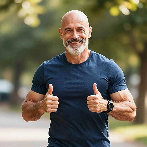 Smiling Bald Man Outdoors with Thumbs Up