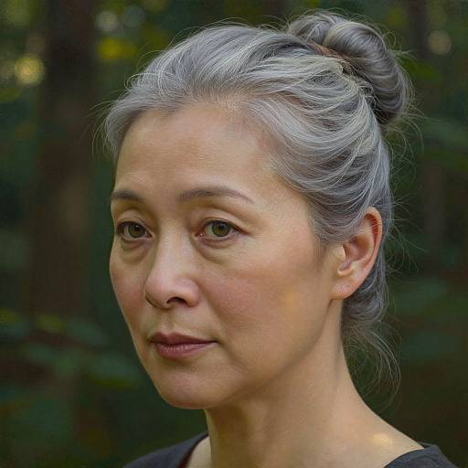Photograph of an Asian woman with gray hair in a bun, subtle makeup, black top, and serene expression, against a dark forest background.