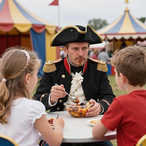 Man in Historical Military Costume Eating with Children at Carnival