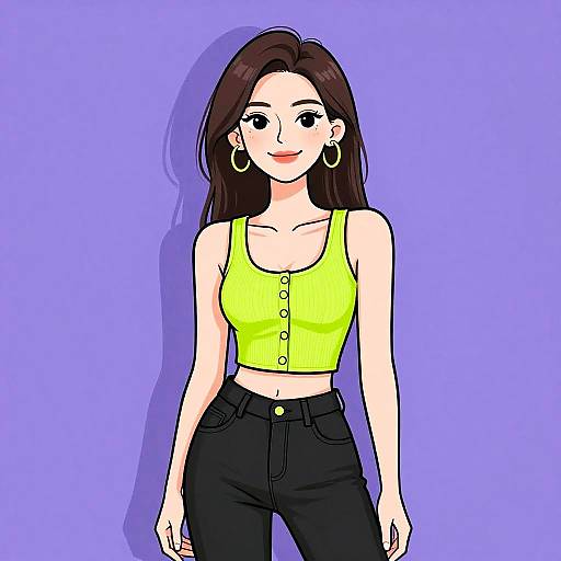 Digital anime-style drawing of a smiling woman with long brown hair, wearing a bright yellow crop top and black high-waisted jeans, against a purple