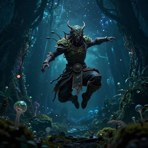 Digital fantasy artwork: Horned, armored demon with glowing eyes leaps mid-air in a luminescent, mystical forest filled with glowing mushrooms and biolum