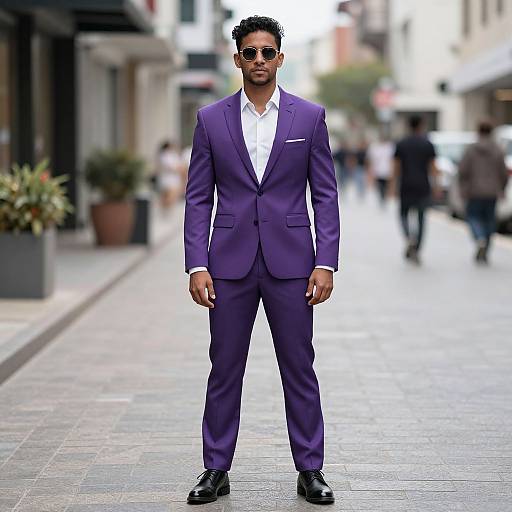 Photograph of a Black man with short curly hair, wearing a purple suit, white shirt, black shoes, and sunglasses, standing confidently on a blurred