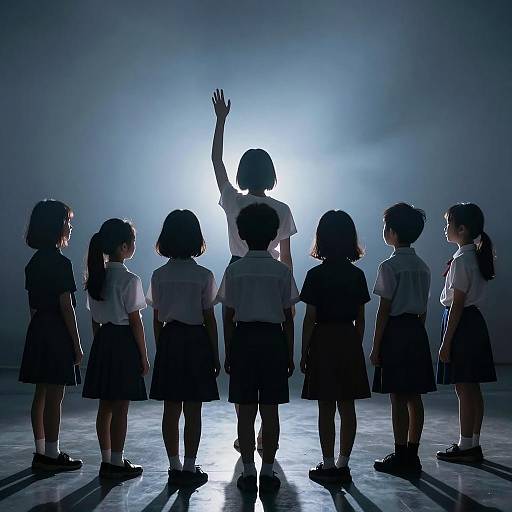 Silhouettes of children with adult in blue-lit room