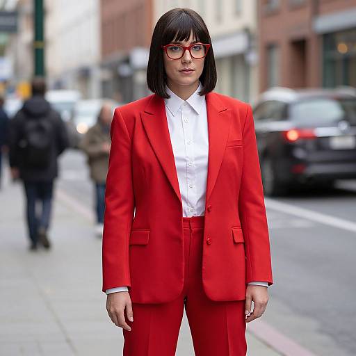 Photograph of a confident woman with black bob haircut, red glasses, and bright red suit, standing on a city street.