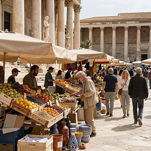 Photograph of a bustling outdoor market in a historic Roman-style square with vendors selling fresh fruits, vegetables, and pottery under beige umbrellas. Shoppers