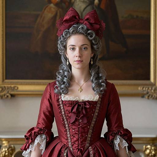 Photograph of a young woman with curly gray hair, wearing a maroon 18th-century dress, gold cross necklace, and large bow, standing