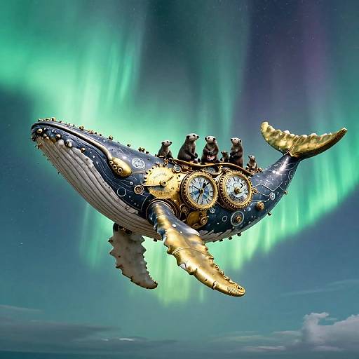 Digital artwork of a steampunk whale adorned with gears and clocks, flying through a vivid aurora borealis night sky.