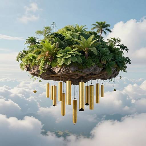 Floating island with lush green palm trees and golden cylindrical pendant lights, set against a bright blue sky with fluffy clouds.