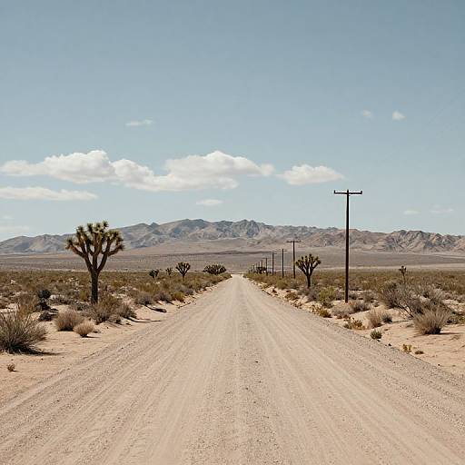 Photograph of a desert road stretching into the distance, flanked by cacti, power poles, and mountains under a clear blue sky.