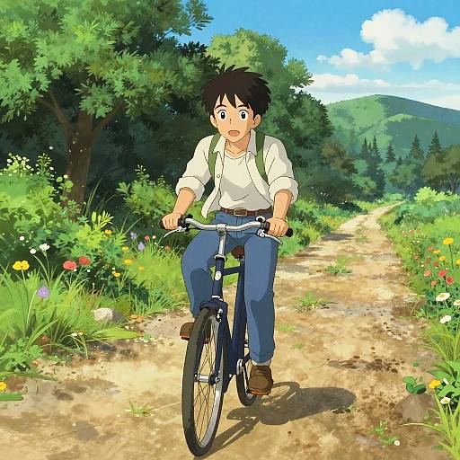 Anime-style drawing of a surprised young boy with black hair and glasses, wearing a white shirt, blue pants, and brown shoes, riding a blue bicycle