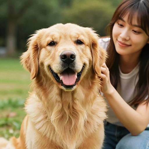 Photograph of a smiling golden retriever with fluffy fur, being gently petted by an Asian woman with long brown hair in a white shirt, outdoors
