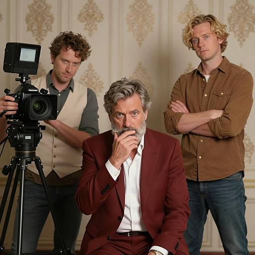 Three men in studio with camera