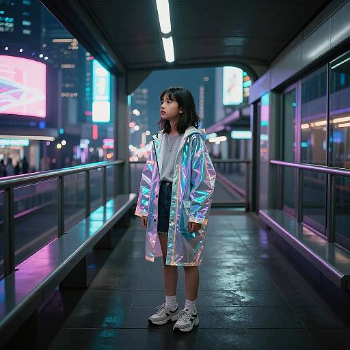 Holographic Raincoat Girl Over Neon Metropolis