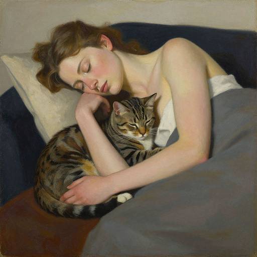 A painting of a fair-skinned woman with brown hair sleeping on a couch, cuddling a tabby cat under a gray blanket.